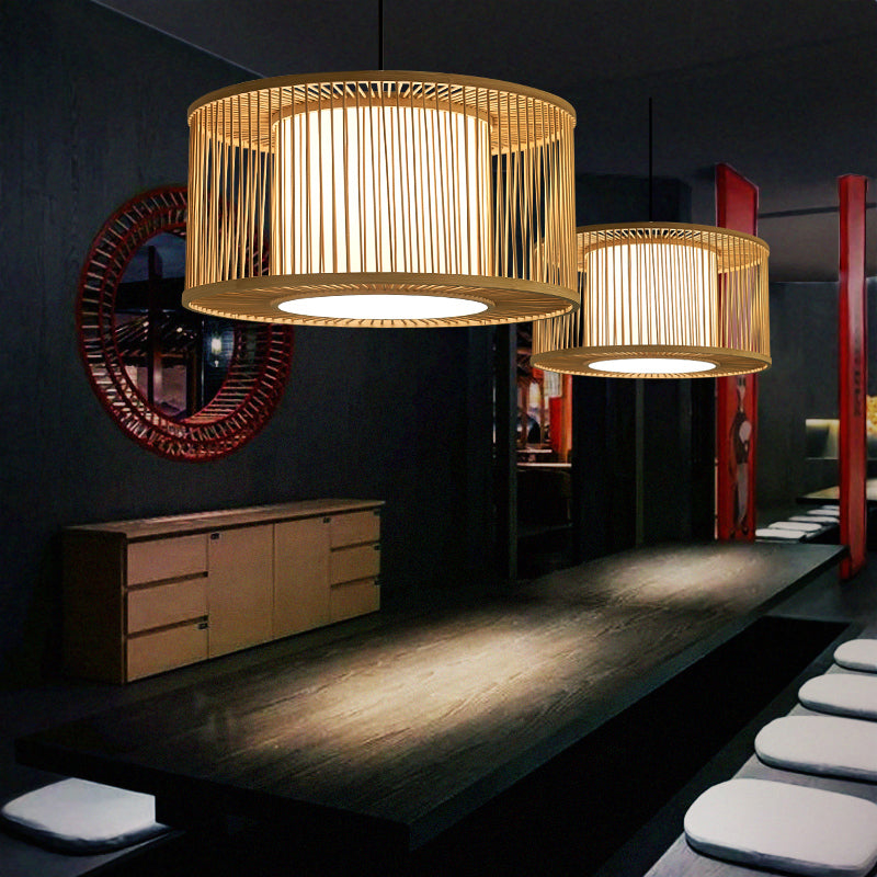 Rounded Drum Ceiling Light Modern Bamboo Single Restaurant Hanging Pendant Light in Wood Clearhalo 'Ceiling Lights' 'Pendant Lights' 'Pendants' Lighting' 2246806