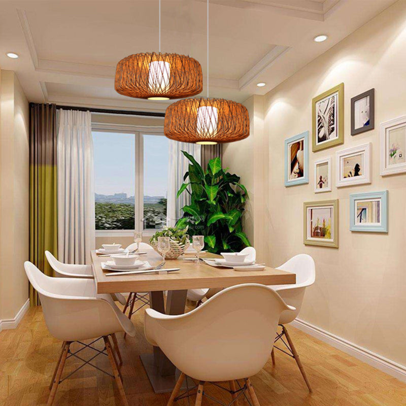 Drum Tea Room Pendant Light Bamboo Single-Bulb Contemporary Suspension Light Fixture Clearhalo 'Ceiling Lights' 'Pendant Lights' 'Pendants' Lighting' 2246818