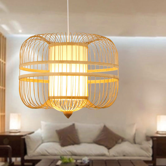 Bamboo Curved Drum Suspension Light Simplicity 1-Light Wood Pendant Light Fixture Clearhalo 'Ceiling Lights' 'Pendant Lights' 'Pendants' Lighting' 2246819