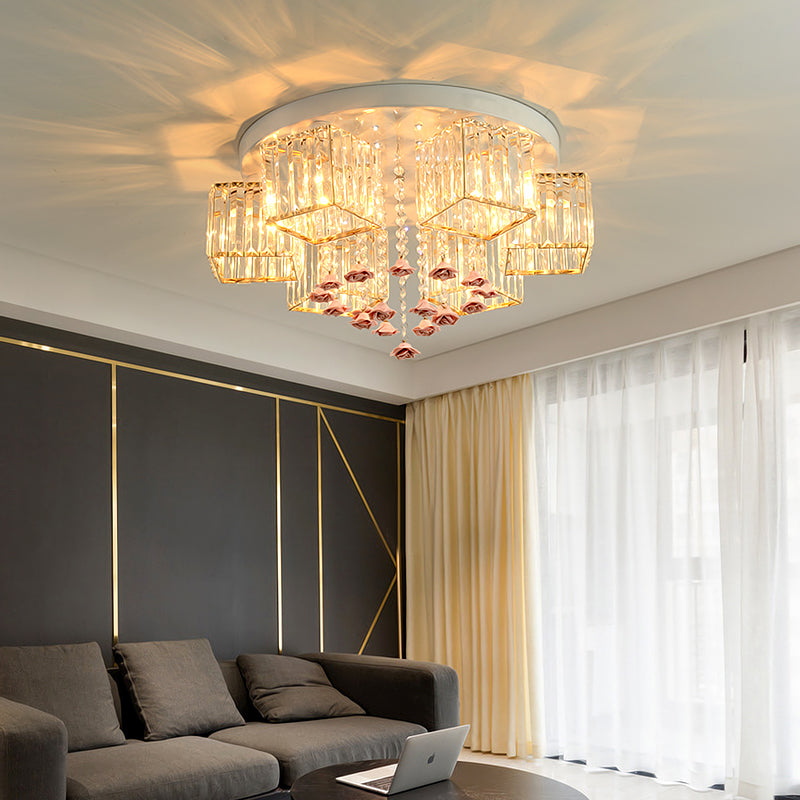 19.5"/23.5" Dia Modern Cubic Flush Light Crystal 5/6 Heads Living Room Ceiling Flush Mount with Pink Rose Draping Clearhalo 'Ceiling Lights' 'Close To Ceiling Lights' 'Close to ceiling' 'Flush mount' Lighting' 224702