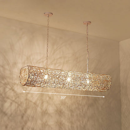 Cylinder Island Pendant Light South-east Asia Rattan 3 Bulbs Tea Room Ceiling Light Wood Clearhalo 'Ceiling Lights' 'Island Lights' Lighting' 2247080