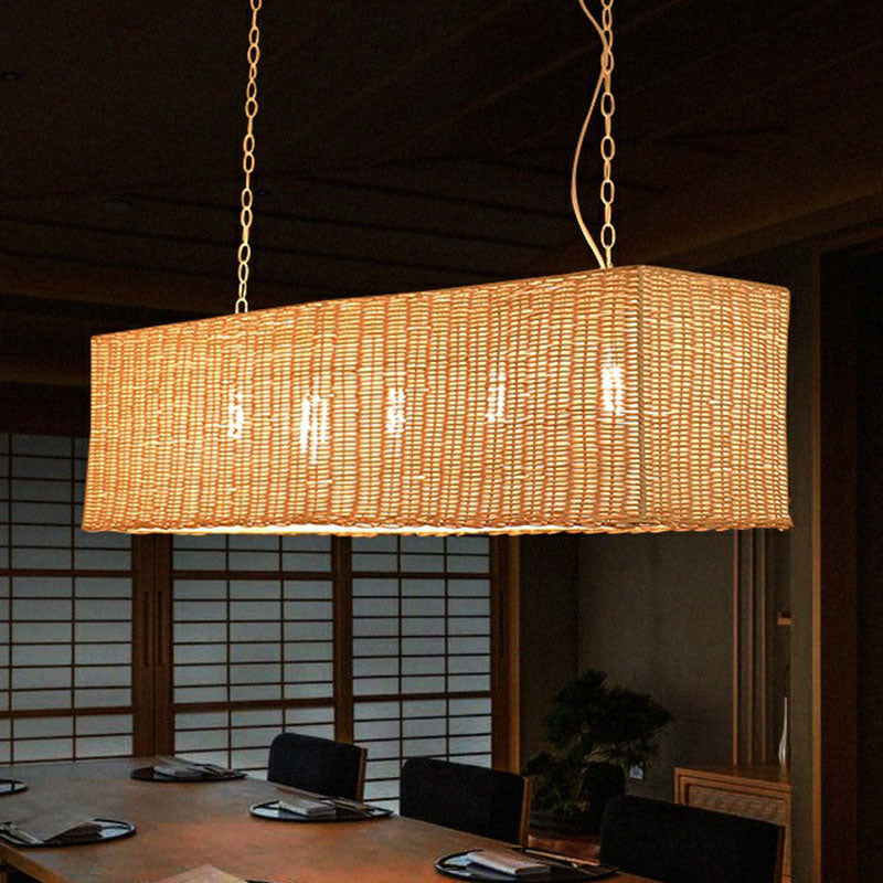 Rectangular Restaurant Hanging Lamp Rattan 3 Heads Minimalist Island Chandelier Light in Wood Clearhalo 'Ceiling Lights' 'Island Lights' Lighting' 2247083