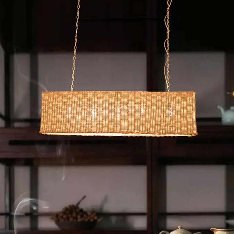 Rectangular Restaurant Hanging Lamp Rattan 3 Heads Minimalist Island Chandelier Light in Wood Clearhalo 'Ceiling Lights' 'Island Lights' Lighting' 2247084