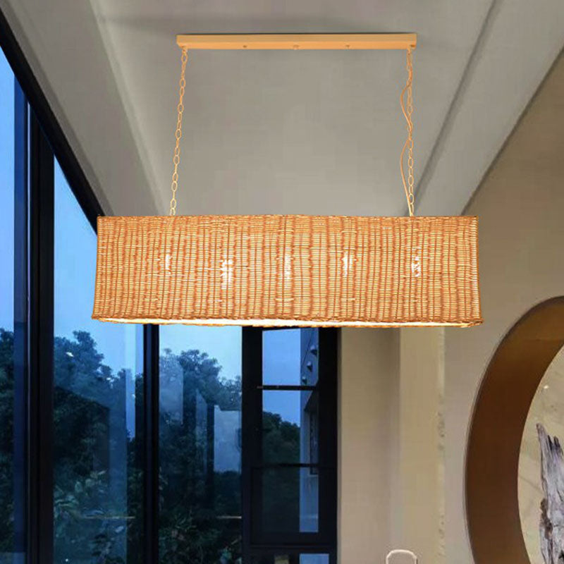 Rectangular Restaurant Hanging Lamp Rattan 3 Heads Minimalist Island Chandelier Light in Wood Clearhalo 'Ceiling Lights' 'Island Lights' Lighting' 2247085
