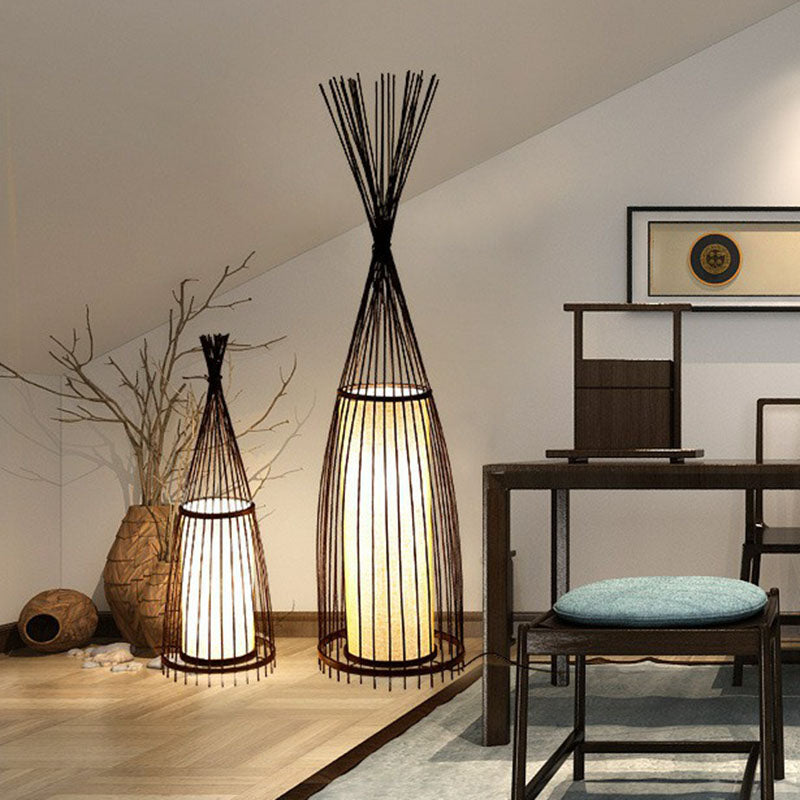 Southeast Asia Conical Stand Up Lamp Bamboo Single Living Room Floor Lighting with Cylinder Diffuser Clearhalo 'Floor Lamps' 'Lamps' Lighting' 2247113