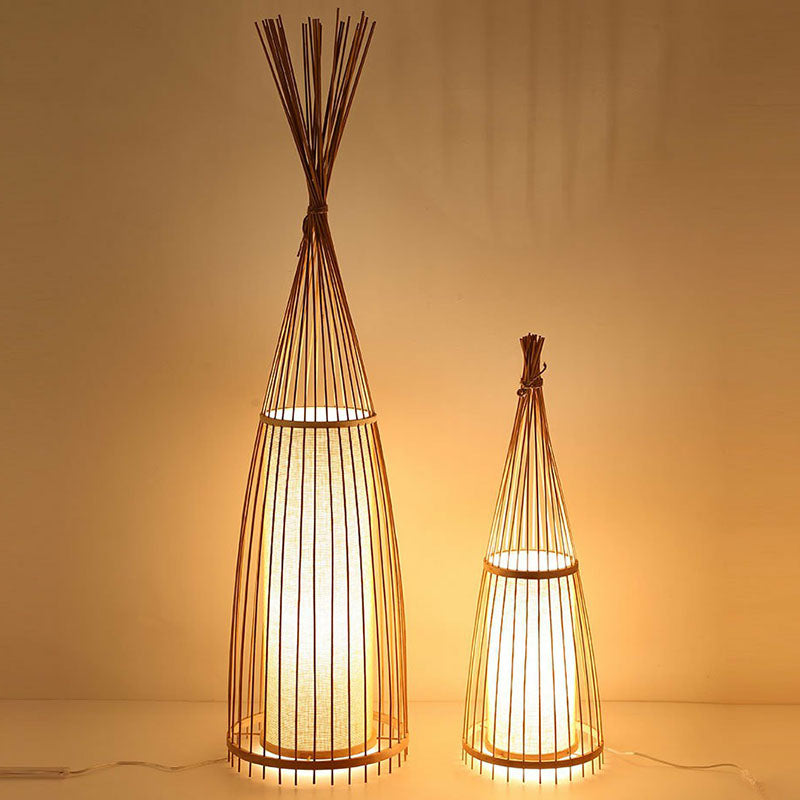Southeast Asia Conical Stand Up Lamp Bamboo Single Living Room Floor Lighting with Cylinder Diffuser Clearhalo 'Floor Lamps' 'Lamps' Lighting' 2247114