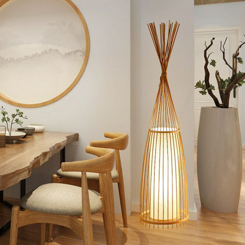 Southeast Asia Conical Stand Up Lamp Bamboo Single Living Room Floor Lighting with Cylinder Diffuser Clearhalo 'Floor Lamps' 'Lamps' Lighting' 2247116