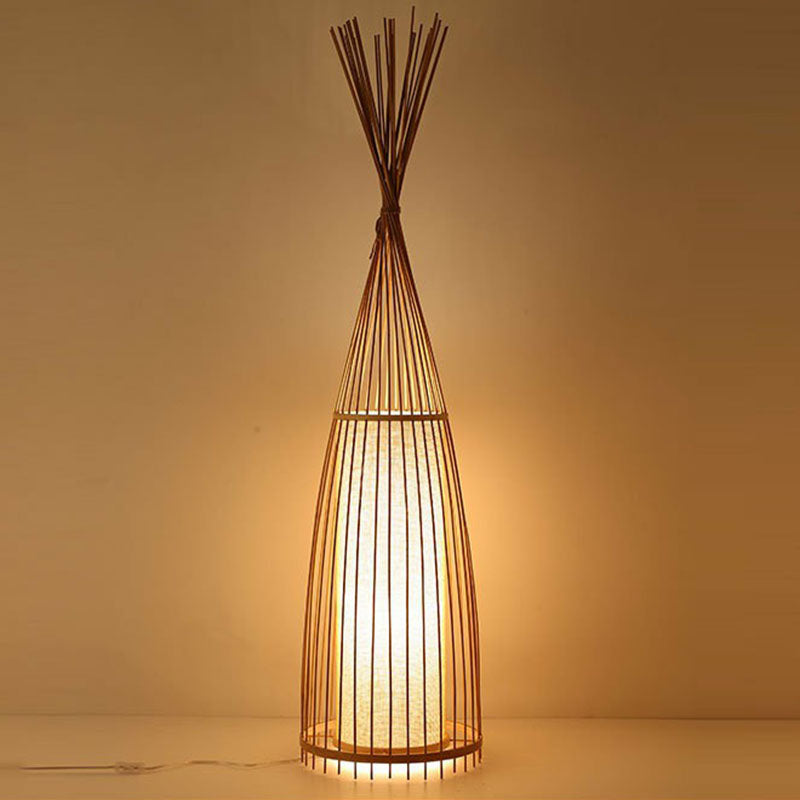 Southeast Asia Conical Stand Up Lamp Bamboo Single Living Room Floor Lighting with Cylinder Diffuser Clearhalo 'Floor Lamps' 'Lamps' Lighting' 2247118