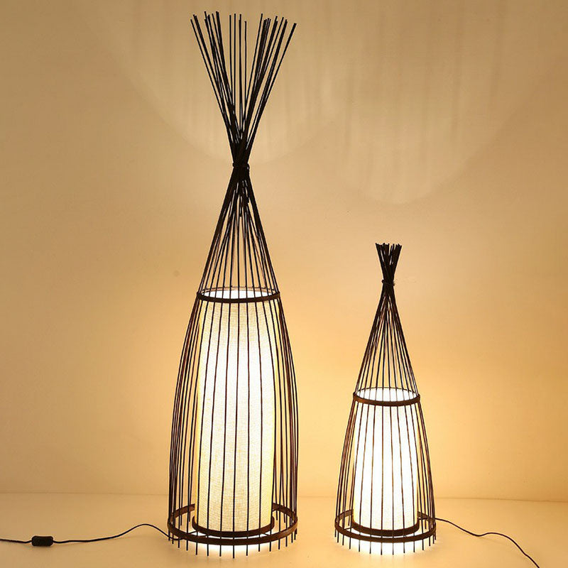 Southeast Asia Conical Stand Up Lamp Bamboo Single Living Room Floor Lighting with Cylinder Diffuser Coffee Clearhalo 'Floor Lamps' 'Lamps' Lighting' 2247119