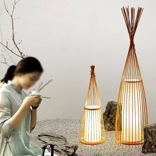 Southeast Asia Conical Stand Up Lamp Bamboo Single Living Room Floor Lighting with Cylinder Diffuser Clearhalo 'Floor Lamps' 'Lamps' Lighting' 2247121