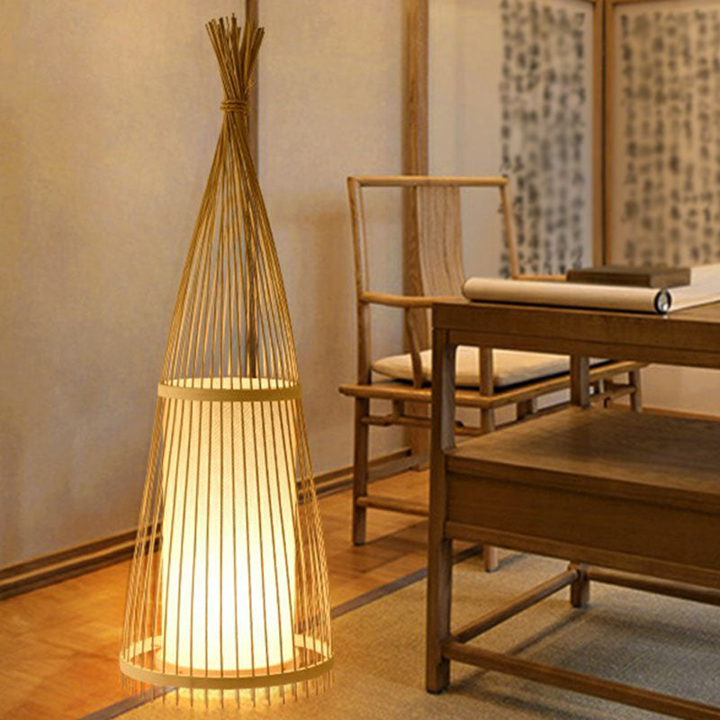Tapered Floor Lamp Contemporary Bamboo Single-Bulb Tea Room Standing Lighting in Wood Clearhalo 'Floor Lamps' 'Lamps' Lighting' 2247125