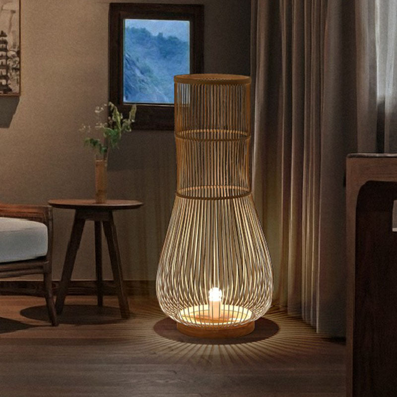 Fish Trap Bamboo Standing Light Minimalist Single-Bulb Brown Floor Lighting for Restaurant Clearhalo 'Floor Lamps' 'Lamps' Lighting' 2247147