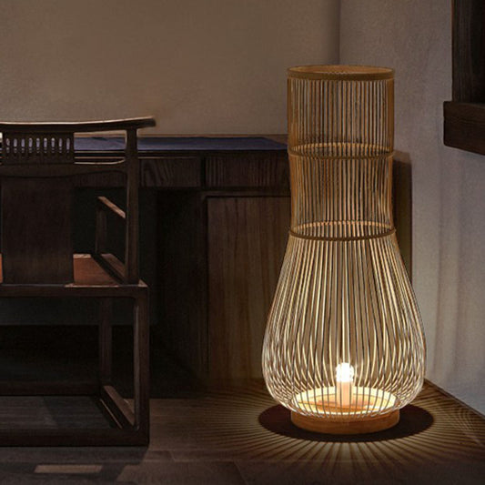 Fish Trap Bamboo Standing Light Minimalist Single-Bulb Brown Floor Lighting for Restaurant Brown Clearhalo 'Floor Lamps' 'Lamps' Lighting' 2247148