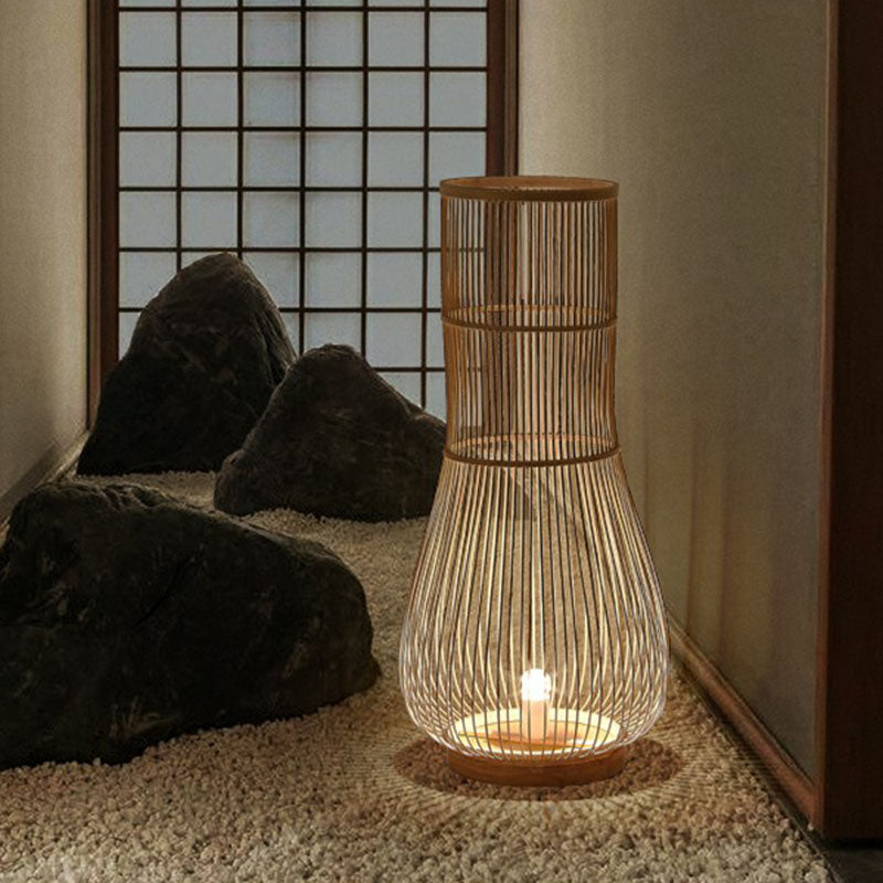 Fish Trap Bamboo Standing Light Minimalist Single-Bulb Brown Floor Lighting for Restaurant Clearhalo 'Floor Lamps' 'Lamps' Lighting' 2247149