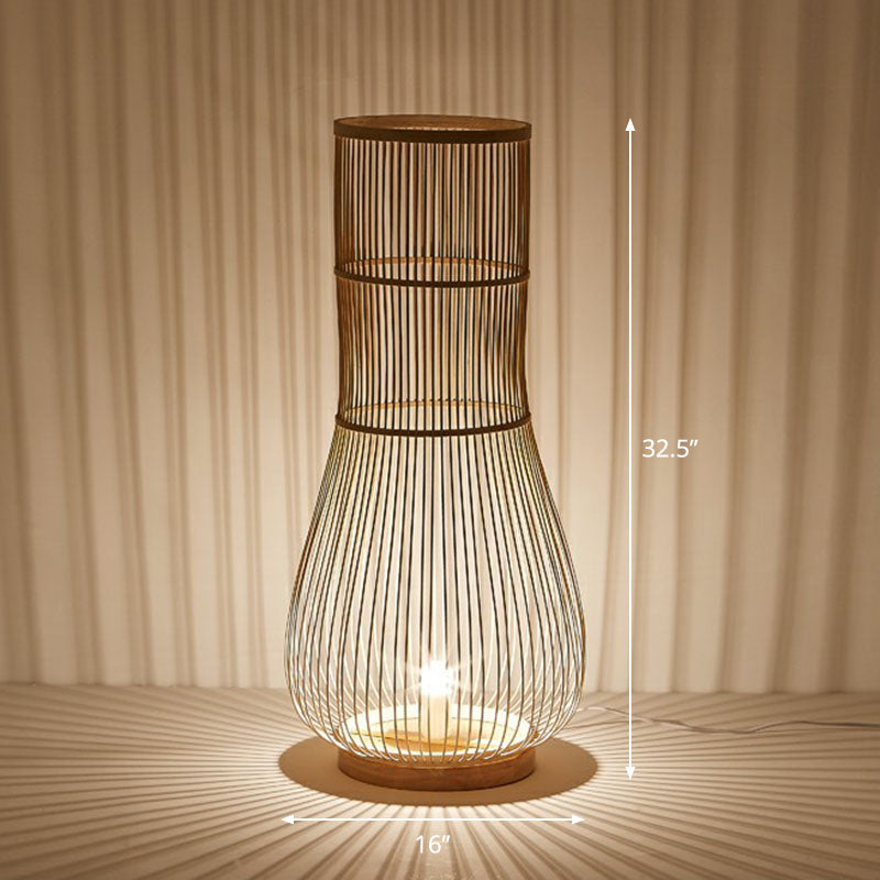 Fish Trap Bamboo Standing Light Minimalist Single-Bulb Brown Floor Lighting for Restaurant Clearhalo 'Floor Lamps' 'Lamps' Lighting' 2247150