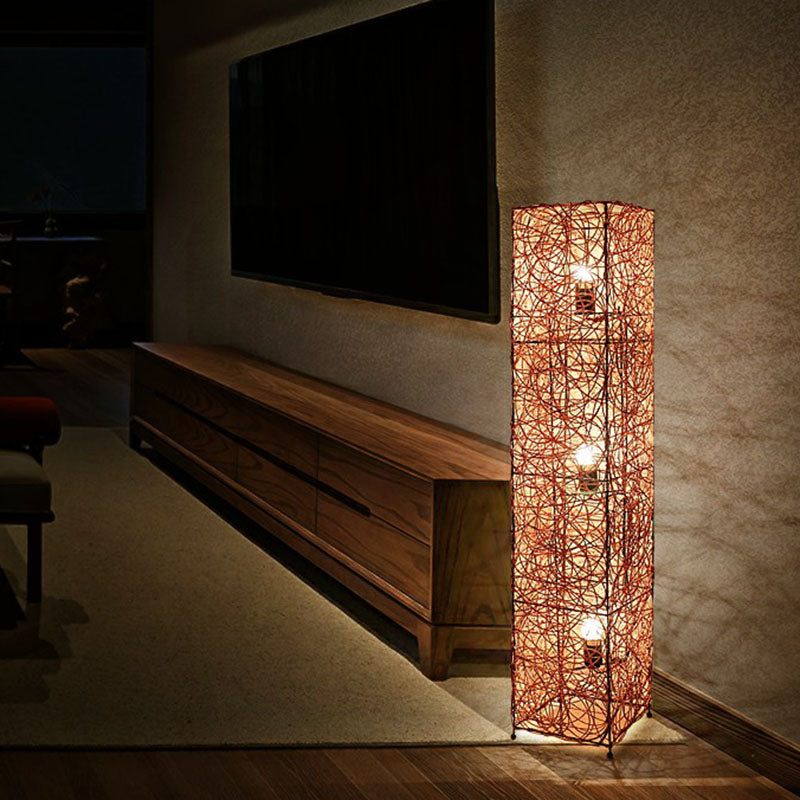 Handcrafted Shade Floor Lighting Asian Style Rattan 3 Heads Tea Room Standing Lamp Clearhalo 'Floor Lamps' 'Lamps' Lighting' 2247169
