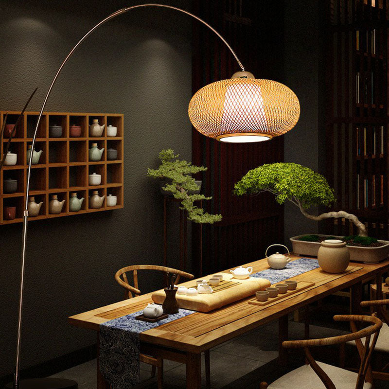 Lantern Tea Room Standing Light Bamboo 1 Bulb Minimalist Floor Lighting with Fishing Rod Arm in Wood Clearhalo 'Floor Lamps' 'Lamps' Lighting' 2247174