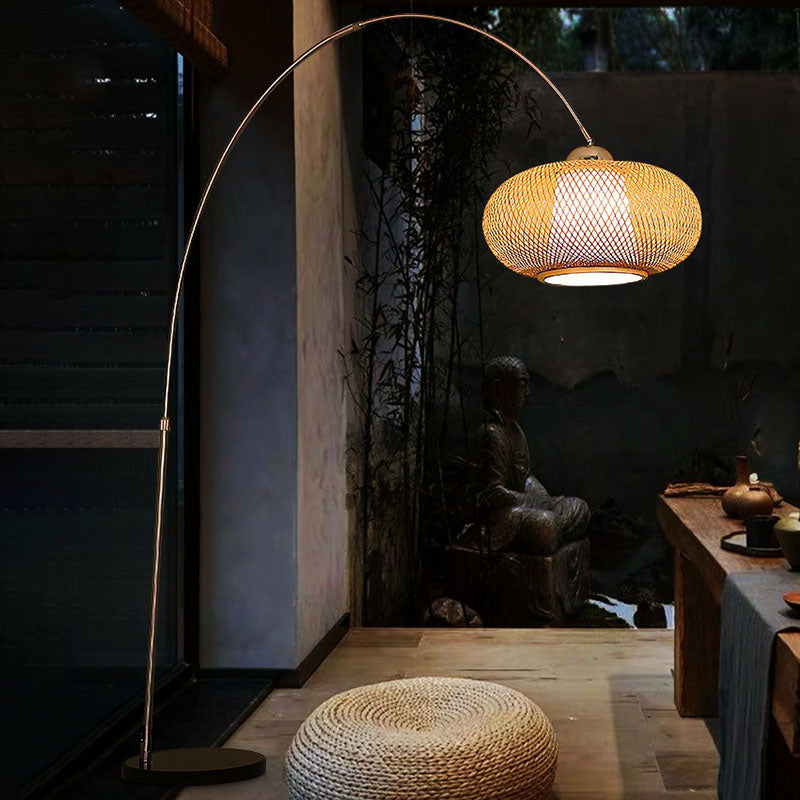 Lantern Tea Room Standing Light Bamboo 1 Bulb Minimalist Floor Lighting with Fishing Rod Arm in Wood Clearhalo 'Floor Lamps' 'Lamps' Lighting' 2247175