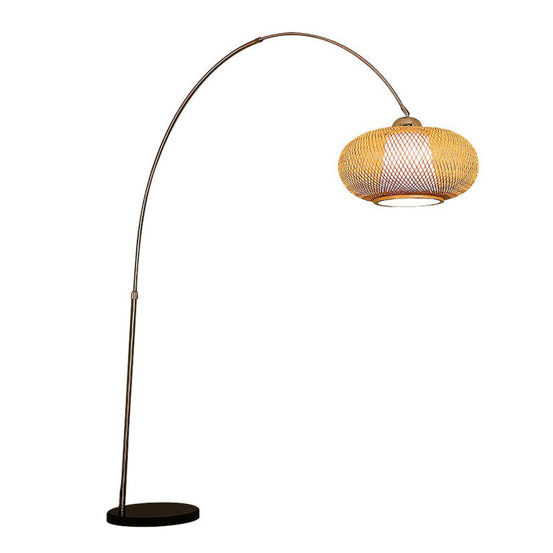 Lantern Tea Room Standing Light Bamboo 1 Bulb Minimalist Floor Lighting with Fishing Rod Arm in Wood Clearhalo 'Floor Lamps' 'Lamps' Lighting' 2247178