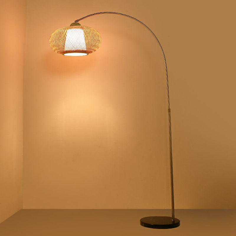 Lantern Tea Room Standing Light Bamboo 1 Bulb Minimalist Floor Lighting with Fishing Rod Arm in Wood Wood Large Clearhalo 'Floor Lamps' 'Lamps' Lighting' 2247179