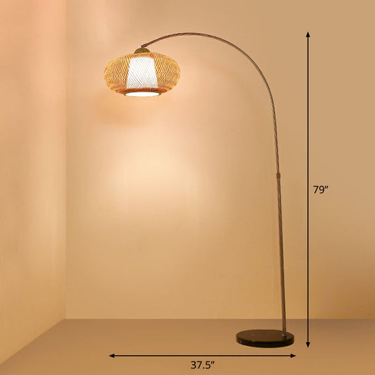 Lantern Tea Room Standing Light Bamboo 1 Bulb Minimalist Floor Lighting with Fishing Rod Arm in Wood Wood Small Clearhalo 'Floor Lamps' 'Lamps' Lighting' 2247180