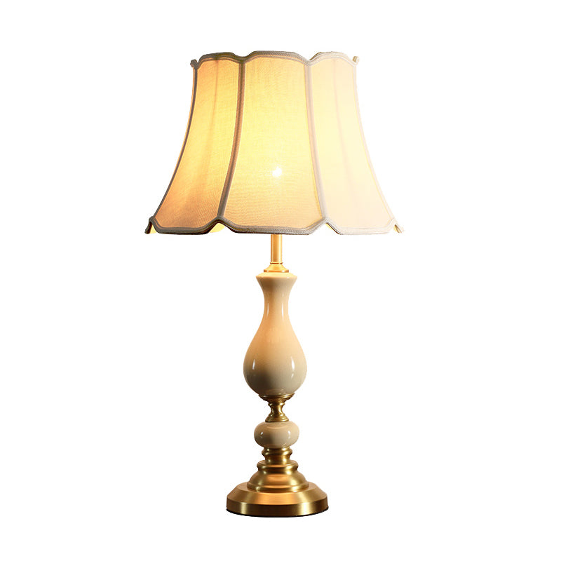Fabric Scalloped Bell Table Lamp Simplicity 1 Bulb Living Room Nightstand Light with Ceramic Decor in White Clearhalo 'Lamps' 'Table Lamps' Lighting' 2247331