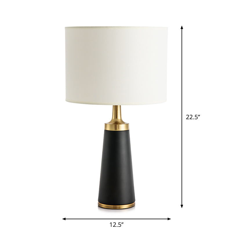 Drum Bedside Nightstand Lamp Fabric 1-Light Simplicity Table Light with Cone Metallic Base in White Clearhalo 'Lamps' 'Table Lamps' Lighting' 2247354