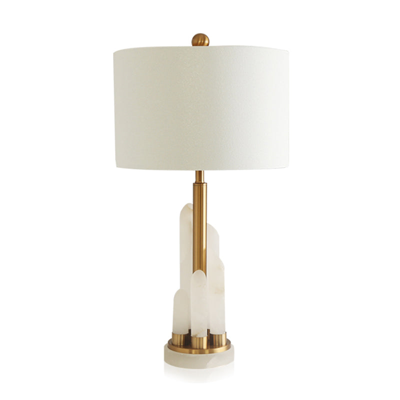 Minimalist Drum Table Lighting Fabric 1 Head Bedside Nightstand Lamp with Mica Base in White Clearhalo 'Lamps' 'Table Lamps' Lighting' 2247364