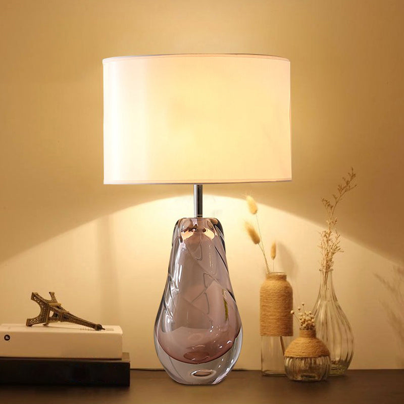 Pear Living Room Table Light Handblown Glass 1 Head Post-Modern Nightstand Lamp with Drum Fabric Shade in White White Clearhalo 'Lamps' 'Table Lamps' Lighting' 2247371