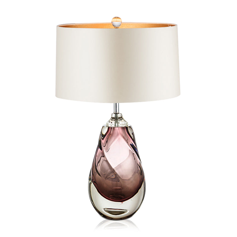 Pear Living Room Table Light Handblown Glass 1 Head Post-Modern Nightstand Lamp with Drum Fabric Shade in White Clearhalo 'Lamps' 'Table Lamps' Lighting' 2247374