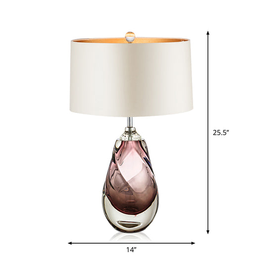 Pear Living Room Table Light Handblown Glass 1 Head Post-Modern Nightstand Lamp with Drum Fabric Shade in White Clearhalo 'Lamps' 'Table Lamps' Lighting' 2247375