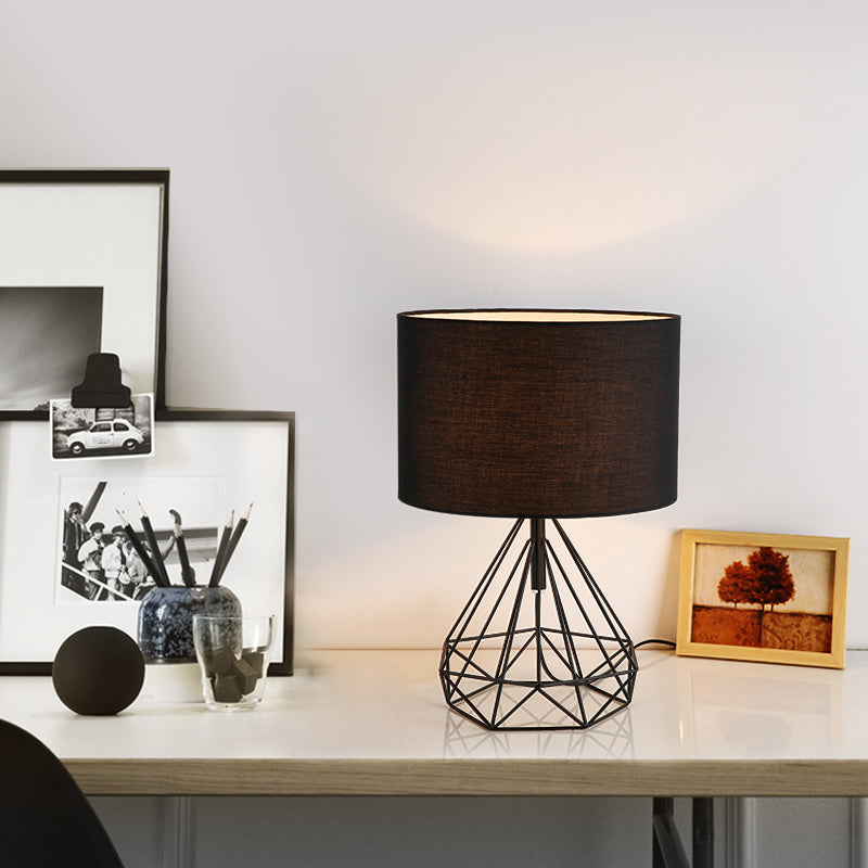 Diamond Cage Base Bedside Table Lamp Metallic 1 Head Minimalist Nightstand Lamp with Drum Fabric Shade Clearhalo 'Lamps' 'Table Lamps' Lighting' 2247395