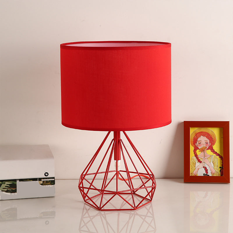 Diamond Cage Base Bedside Table Lamp Metallic 1 Head Minimalist Nightstand Lamp with Drum Fabric Shade Red Clearhalo 'Lamps' 'Table Lamps' Lighting' 2247396