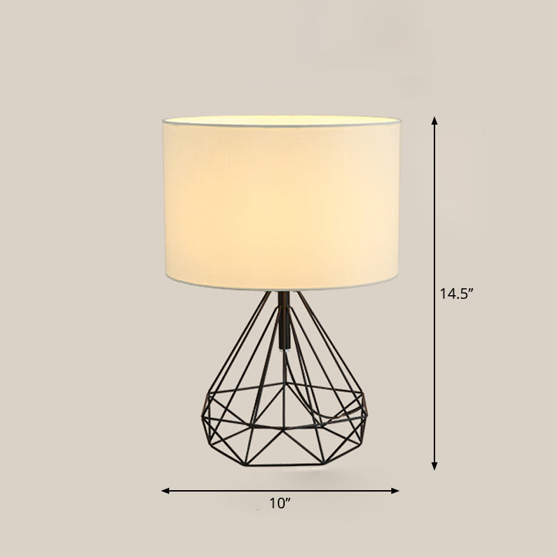 Diamond Cage Base Bedside Table Lamp Metallic 1 Head Minimalist Nightstand Lamp with Drum Fabric Shade Beige Clearhalo 'Lamps' 'Table Lamps' Lighting' 2247397