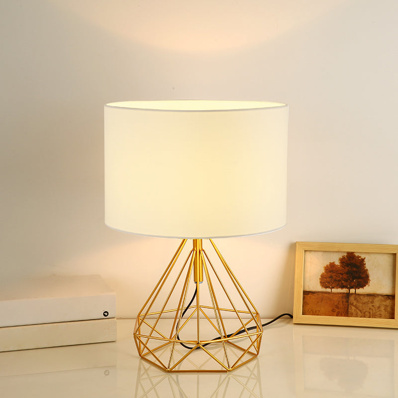 Diamond Cage Base Bedside Table Lamp Metallic 1 Head Minimalist Nightstand Lamp with Drum Fabric Shade Clearhalo 'Lamps' 'Table Lamps' Lighting' 2247398