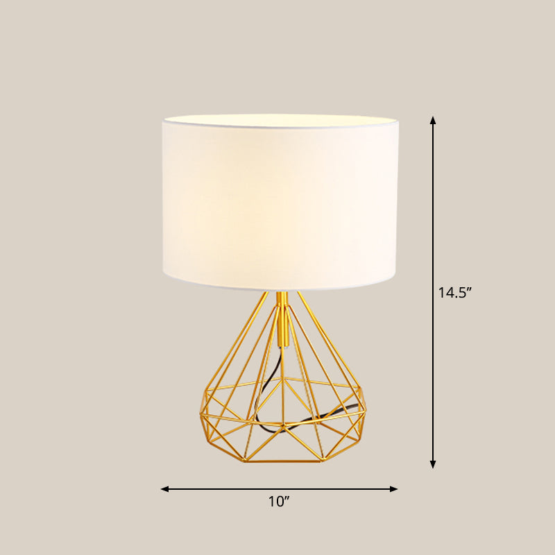 Diamond Cage Base Bedside Table Lamp Metallic 1 Head Minimalist Nightstand Lamp with Drum Fabric Shade White Clearhalo 'Lamps' 'Table Lamps' Lighting' 2247399