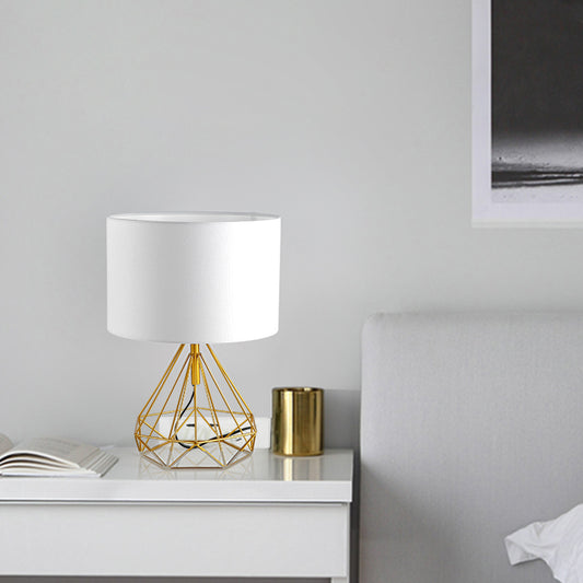 Diamond Cage Base Bedside Table Lamp Metallic 1 Head Minimalist Nightstand Lamp with Drum Fabric Shade Clearhalo 'Lamps' 'Table Lamps' Lighting' 2247400