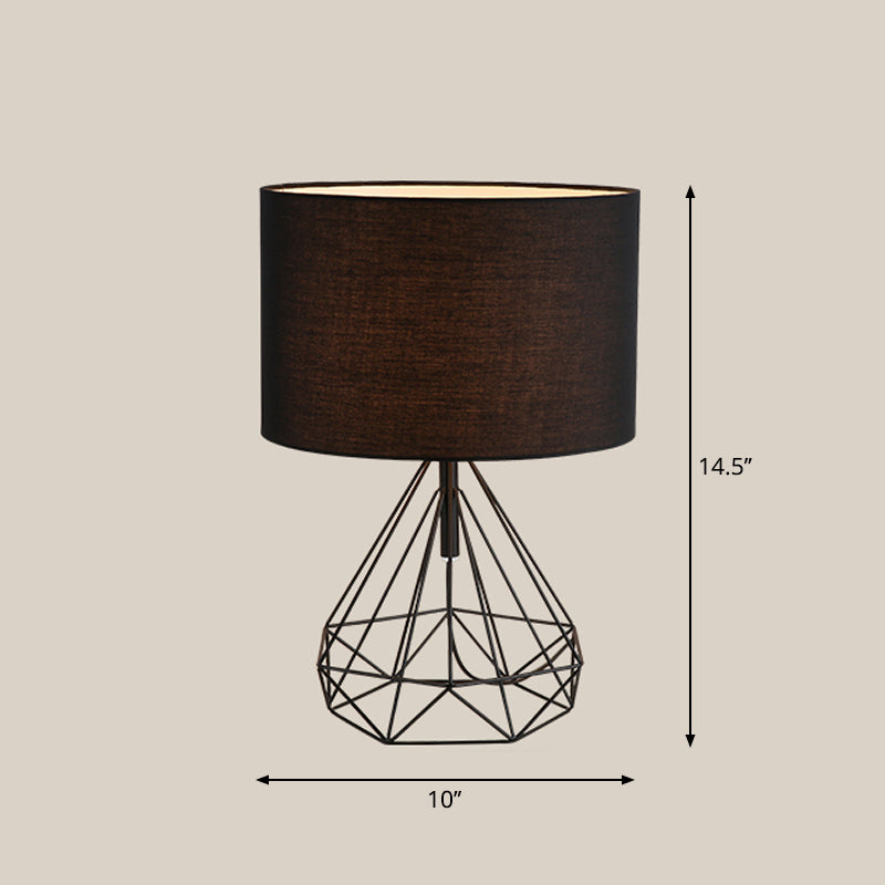 Diamond Cage Base Bedside Table Lamp Metallic 1 Head Minimalist Nightstand Lamp with Drum Fabric Shade Black Clearhalo 'Lamps' 'Table Lamps' Lighting' 2247401