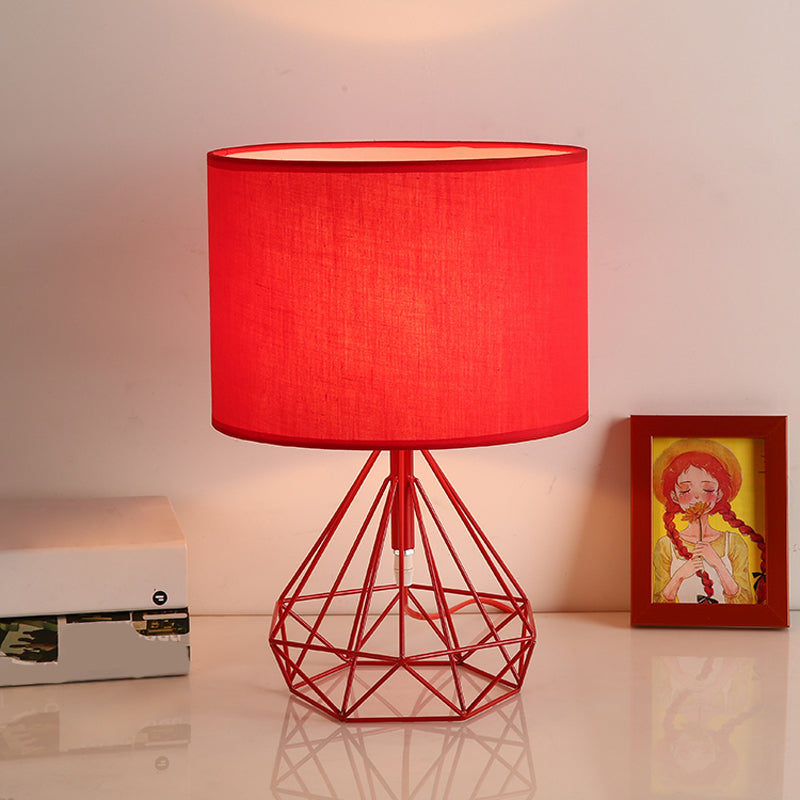Diamond Cage Base Bedside Table Lamp Metallic 1 Head Minimalist Nightstand Lamp with Drum Fabric Shade Clearhalo 'Lamps' 'Table Lamps' Lighting' 2247402
