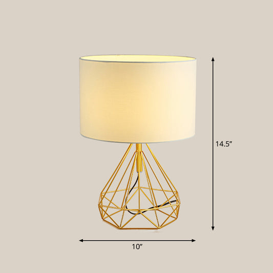 Diamond Cage Base Bedside Table Lamp Metallic 1 Head Minimalist Nightstand Lamp with Drum Fabric Shade Gold Clearhalo 'Lamps' 'Table Lamps' Lighting' 2247403