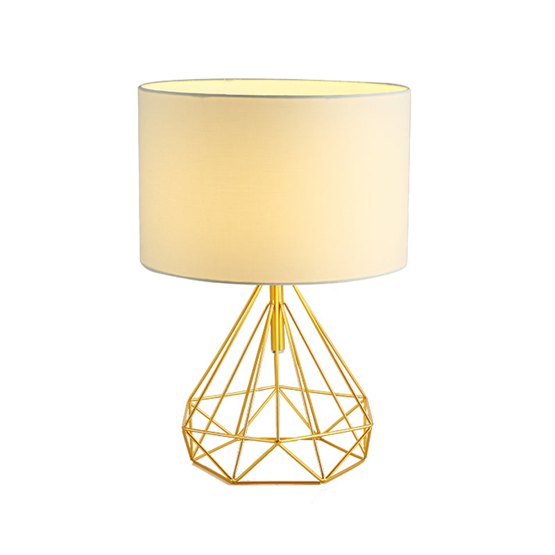 Diamond Cage Base Bedside Table Lamp Metallic 1 Head Minimalist Nightstand Lamp with Drum Fabric Shade Clearhalo 'Lamps' 'Table Lamps' Lighting' 2247404