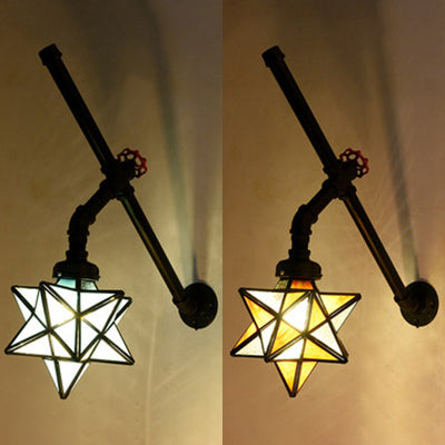 Stained Glass Star Wall Sconce Light Loft Style 1 Light Wall Lighting with Pipe and Valve in Orange/Blue Clearhalo 'Industrial' 'Middle century wall lights' 'Tiffany wall lights' 'Tiffany' 'Wall Lamps & Sconces' 'Wall Lights' Lighting' 22478