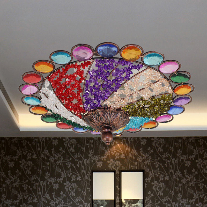 12"/16" Wide Colonial Flared Ceiling Lamp Multi Colored Plexiglass 3-Light Weathered Copper Flushmount Weathered Copper Clearhalo 'Ceiling Lights' 'Close To Ceiling Lights' 'Close to ceiling' 'Flush mount' Lighting' 224781