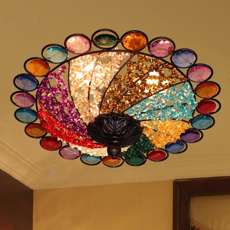 12"/16" Wide Colonial Flared Ceiling Lamp Multi Colored Plexiglass 3-Light Weathered Copper Flushmount Clearhalo 'Ceiling Lights' 'Close To Ceiling Lights' 'Close to ceiling' 'Flush mount' Lighting' 224782