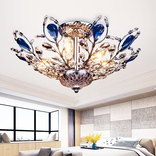Metallic Peacock Tail Semi Flush Ceiling Light Modern 6 Lights Gold/Chrome Ceiling Mounted Fixture with Crystal Drops Clearhalo 'Ceiling Lights' 'Close To Ceiling Lights' 'Close to ceiling' 'Semi-flushmount' Lighting' 224789