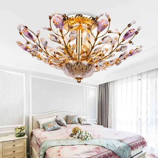 Metallic Peacock Tail Semi Flush Ceiling Light Modern 6 Lights Gold/Chrome Ceiling Mounted Fixture with Crystal Drops Gold Clearhalo 'Ceiling Lights' 'Close To Ceiling Lights' 'Close to ceiling' 'Semi-flushmount' Lighting' 224793