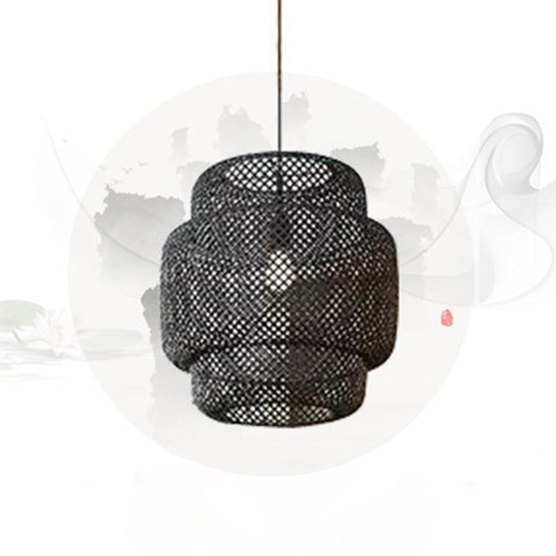 Lantern Restaurant Suspension Light Bamboo 1-Light Simplicity Pendant Light Fixture Black 15" Clearhalo 'Ceiling Lights' 'Pendant Lights' 'Pendants' Lighting' 2247952_c4958f40-f1e9-4438-a6e0-0b15e0d8576a