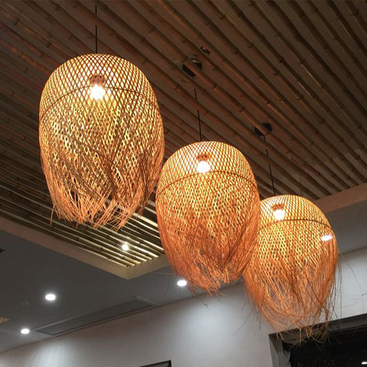 Bamboo Fringed Bell Ceiling Light Asian Style 1��Bulb Wood Hanging Lighting Fixture Clearhalo 'Ceiling Lights' 'Pendant Lights' 'Pendants' Lighting' 2247961