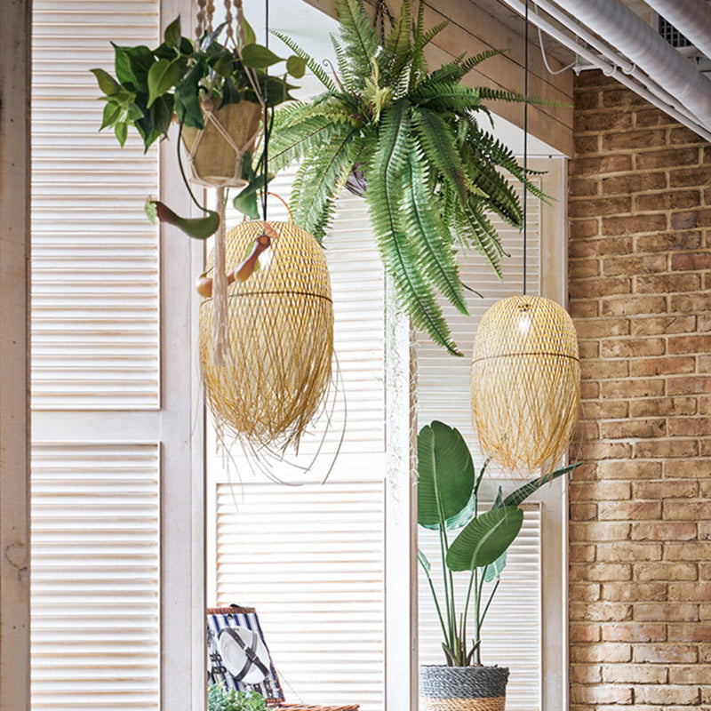 Bamboo Fringed Bell Ceiling Light Asian Style 1 Bulb Wood Hanging Lighting Fixture Clearhalo 'Ceiling Lights' 'Lighting' 'Pendant Lights' 2247962_0e90e3db-781f-4c84-8d92-e287e878775d