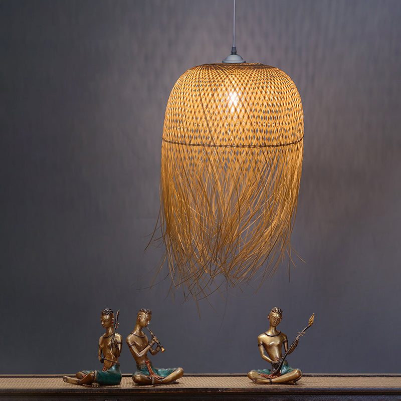 Bamboo Fringed Bell Ceiling Light Asian Style 1 Bulb Wood Hanging Lighting Fixture Wood Clearhalo 'Ceiling Lights' 'Lighting' 'Pendant Lights' 2247964_24a0d02d-d256-4f98-a97b-03b6db782dc0
